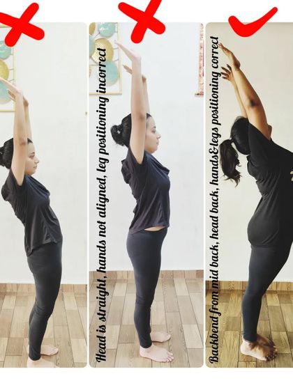 Understanding the correct alignment in backbends is crucial to avoid pain. This image breaks down the wrong way, which causes pelvic strain, versus the correct way, which involves the entire spine.