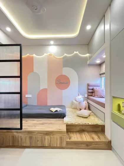 I love creating imaginative and functional spaces for the youngest members of the family. This kid's bedroom features a playful, color-blocked design with a platform bed, a cozy bay window seat, and plenty of integrated storage for toys and treasures.