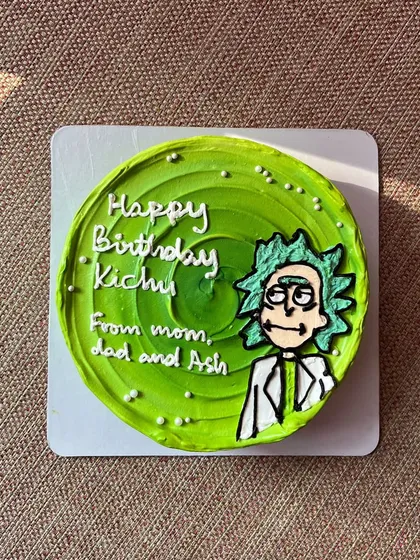 A Rick and Morty themed cake for a fan's birthday. The design features Rick's head popping out of a portal, all created with colored buttercream on a chocolate and caramel cake.
