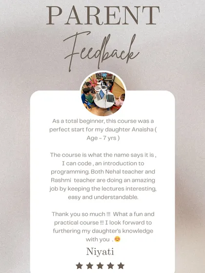 "A perfect start for my daughter." We are thrilled that our iCanCode course provided a fun and practical introduction to programming. Thank you, Niyati, for this wonderful and detailed feedback.
