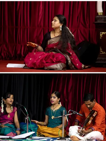 We bridge the gap between learning and performing. The top image shows our guru guiding the session with deep involvement, while the bottom shows our students putting their lessons into practice, singing alongside professional live accompaniments like the violin. This is how we build complete musicians.