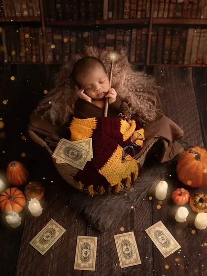 Our little wizard sleeps in a basket surrounded by pumpkins, candles, and pages from the wizarding world. This wide shot shows the full, immersive setup of our Harry Potter newborn theme.