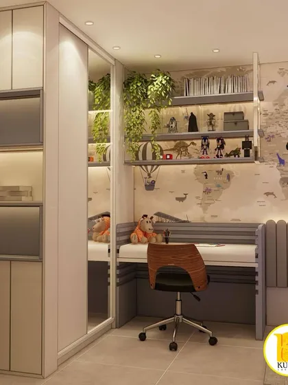 A travel-themed kids' room with a world map wallpaper. The design includes a compact study desk, a mirrored wardrobe, and plenty of open shelving with integrated lighting.