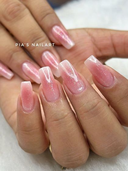 Soft aura nails with a shimmer glaze on top. A beautiful and dreamy combination.