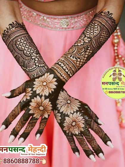 A modern floral design on the back of the hands. The large, bold flowers create a striking and fashionable statement.