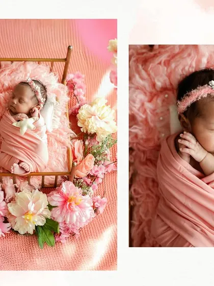 Two perspectives from a lovely pink-themed newborn session. We provide a variety of shots, from wider compositions showing the full setup to intimate close-ups of your baby.