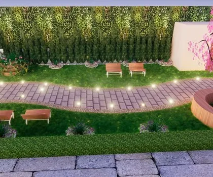 A different angle of the 3D garden design, showing the lighting plan for the pathway and the placement of benches.