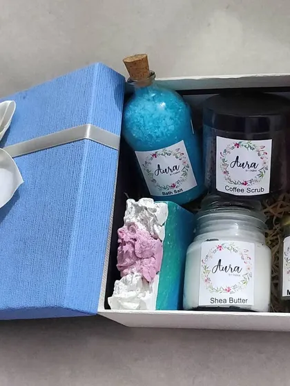 I love this amazing combination of bath and body products in a gift box. It features my Shea butter, coffee scrub, mud mask, bath salts, body wash, and a beautiful cupcake soap.