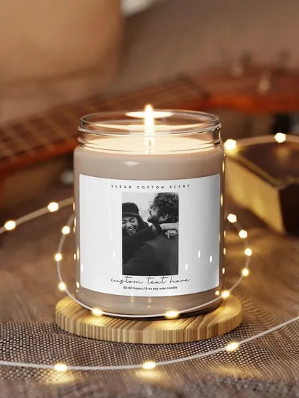 We can also use black and white photos for a classic, timeless look on your custom candle labels. This is a great way to create a memorable wedding favor.
