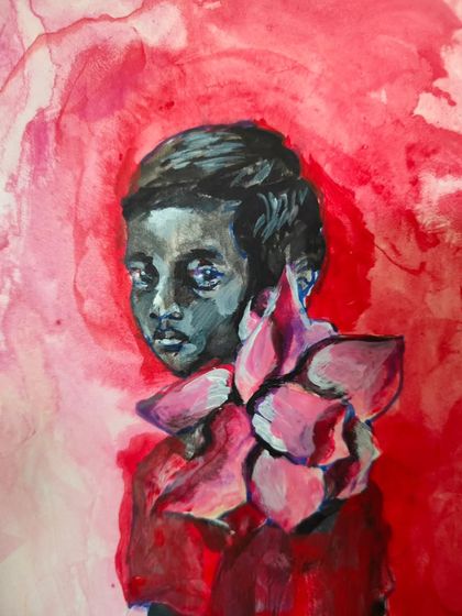 Another detail shot of "Boy Carrying Lotus," focusing on the texture of the paint and the boy's intense gaze.