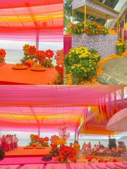 A collage of a beachside haldi event with a focus on bright, multi-colored floral arrangements and drapes. The decor creates a joyful and celebratory mood against the ocean backdrop.