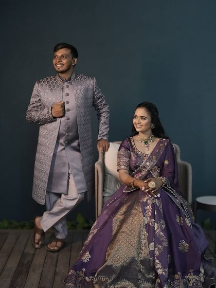 A portrait of a couple ready to begin their journey. I provided makeup and hair for both the bride and groom, ensuring they looked coordinated and picture perfect for their Gordhana ceremony.