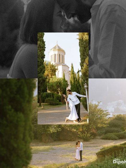 A collage of moments from a pre-wedding shoot in Georgia, showcasing different poses, outfits, and locations. This format gives a beautiful overview of the entire day's shoot.