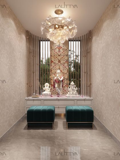 A serene and elegant pooja room, adorned with intricately designed deities and a beautiful chandelier. The design creates a tranquil ambiance perfect for meditation and worship, making it a peaceful retreat within the home.