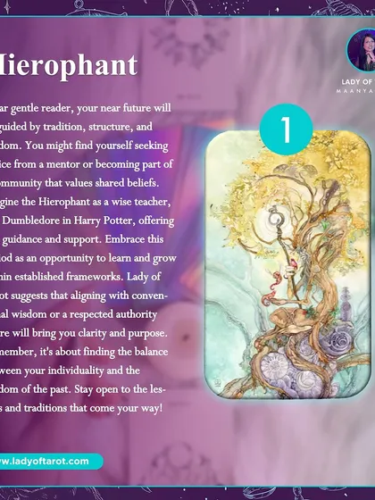 The Hierophant suggests your near future will be guided by tradition, structure, and wisdom. You might find yourself seeking advice from a mentor or becoming part of a community. It is about finding the balance between your individuality and the wisdom of the past.