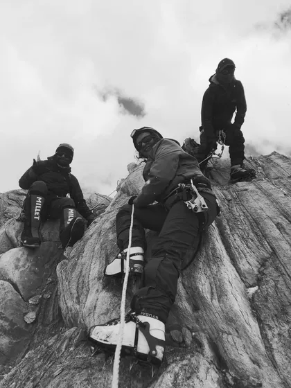 A dramatic shot of our mountaineering athletes during their ascent in the Sko Valley, Ladakh. Our training prepares you for the toughest conditions.