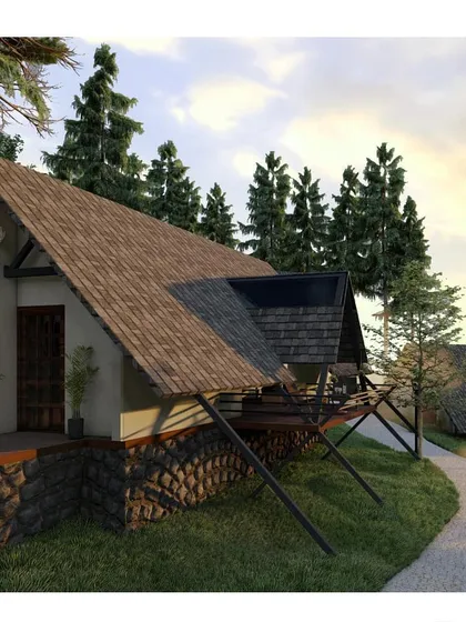 This design proposal for a resort in a wild, natural setting features A-frame cottages on stilts. The design works with the steep topography rather than fighting it, using elevated structures and local materials to create a luxurious yet grounded hospitality experience.
