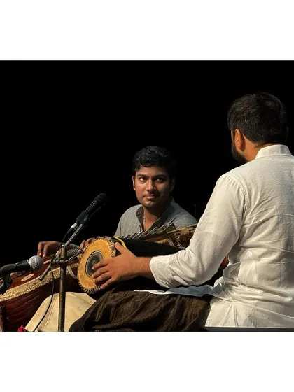 A candid moment of interaction with my co-artist during the Ranjani Memorial Concert. The silent communication between musicians on stage is a beautiful part of the performance.