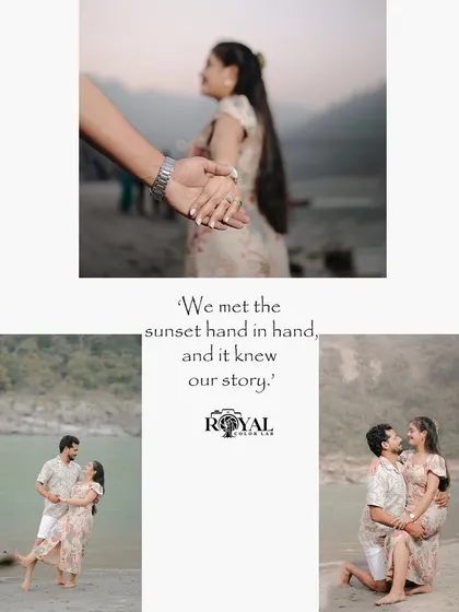 A collection of sunset photos by the river, focusing on hand-holding and intimate gazes, telling a story of connection.