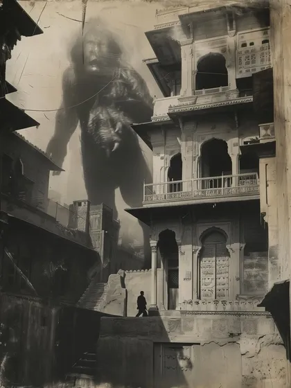A giant, shadowy figure looms over an old city street. Another entry in the 'once upon a time' series, playing with scale and vintage horror tropes.