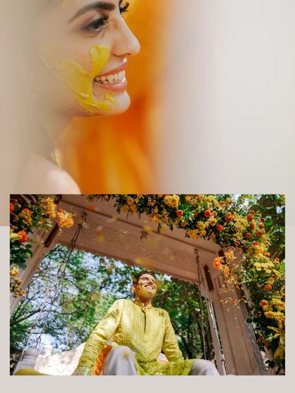 A collage showing the bride's happy expression and the groom looking up, both enjoying the Haldi rituals.