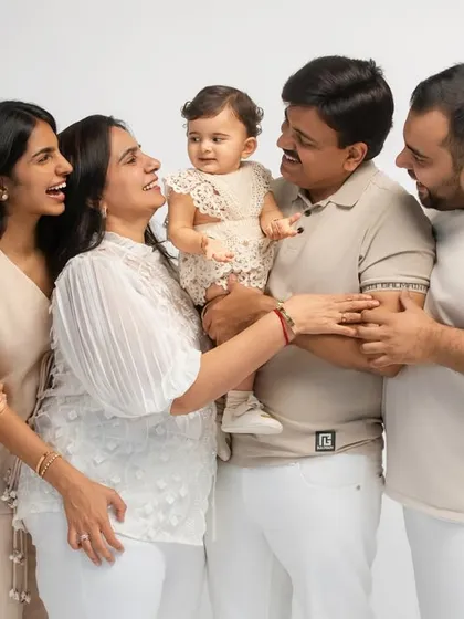 A beautiful multi-generational family portrait in the studio, with everyone gathered around the newest baby member. My studio sessions are perfect for classic, timeless portraits that bring the whole family together.