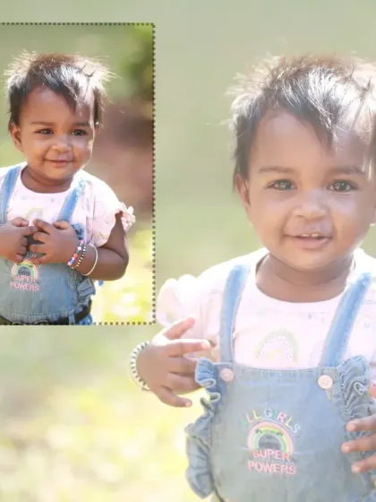 A composite photo capturing a sweet, happy expression. These outdoor sessions are all about letting children explore and be themselves in front of the camera.