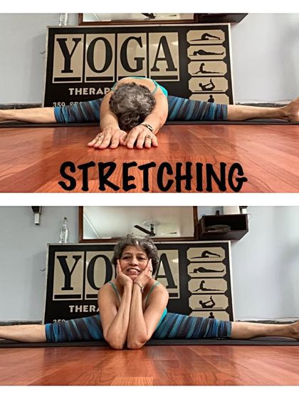 Before and after a smile in the full split. This shows that with practice, even the most challenging yoga poses can become comfortable and joyful.