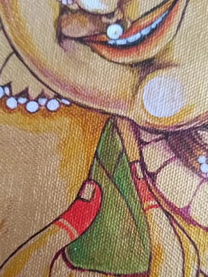 Another detail from the commissioned Kamakshi painting, showing the gentle smile and the betel leaf. Creating these "heartworks" is a slow art, and this image shares the intimate journey of bringing a deity's expression to life, stroke by stroke.
