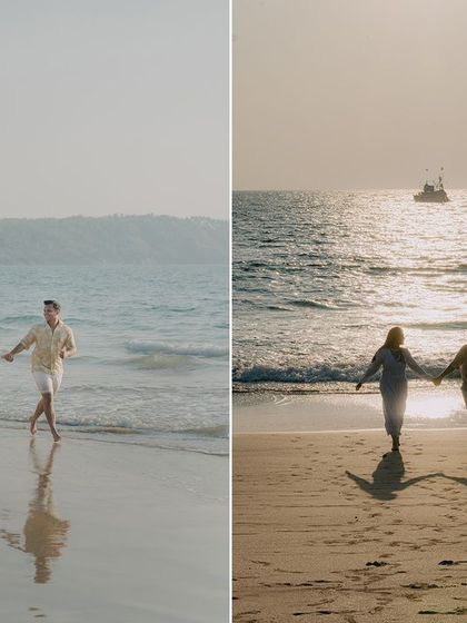 A romantic walk along the shoreline as the sun sets over the Arabian Sea. The reflections in the wet sand and the golden light create a beautiful, serene pre-wedding photo.