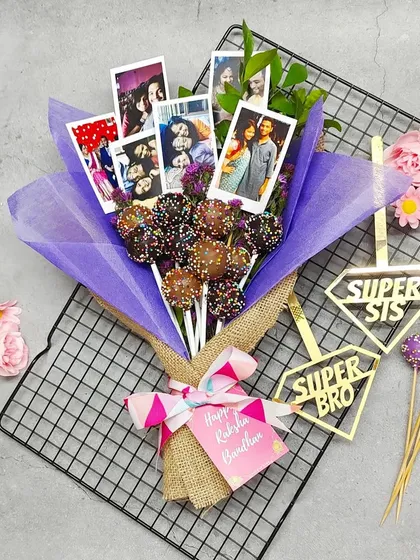 Our personalized cake pop bouquets are one of my favorite things to create. This one features rich chocolate cake pops and a collection of the client's favorite photos, making it a truly unique and heartfelt gift for Raksha Bandhan or any other celebration. It’s more than a dessert, it’s a bouquet of memories.