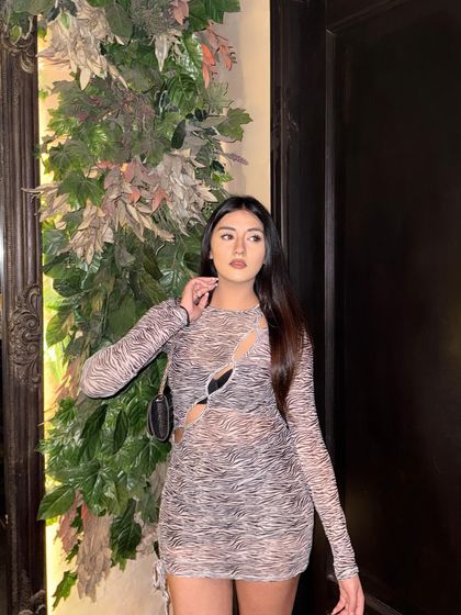 A confident pose in the animal-print dress.