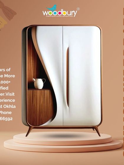 This unique concept features a wardrobe with curved doors and a dual-tone wood and white finish, standing as a piece of art.