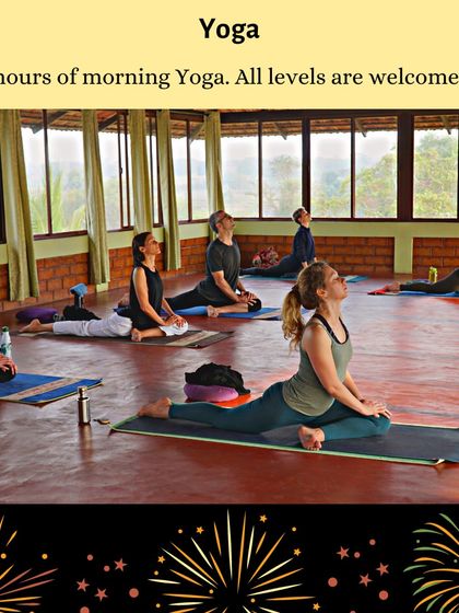 Captions will describe the specific yoga practice shown (e.g., "Practicing Sutra Neti, a traditional yogic cleansing technique," "A Hatha yoga class in our Chakra Hall," "Finding inspiration in our mistakes and using them as a platform for growth.").