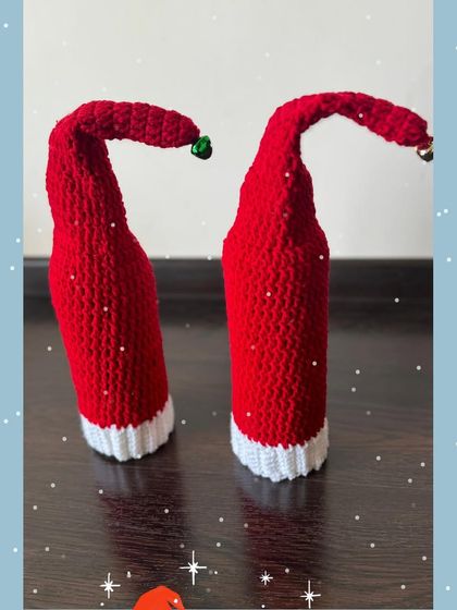 These simple Santa hat bottle covers are an easy way to make any bottle look festive. Each one is topped with a tiny jingle bell for an extra touch of holiday cheer.