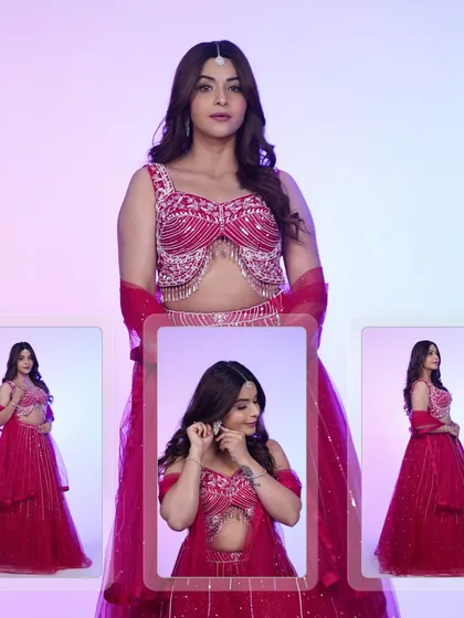 A multi-angle view of the hot pink lehenga. This collage shows how the outfit looks from the front, side, and in a close-up, highlighting the detailed blouse.