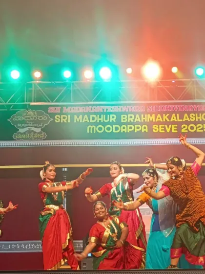 A joyful group photo from our performance at the Madhur temple festival. The energy of the sacred space and the devout audience makes these performances incredibly special.