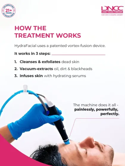 This is the HydraFacial treatment in progress. The patented vortex-fusion device you see here is performing a three-step process: cleansing and exfoliating, vacuum-extracting impurities from pores, and infusing the skin with hydrating serums for an immediate, healthy glow.