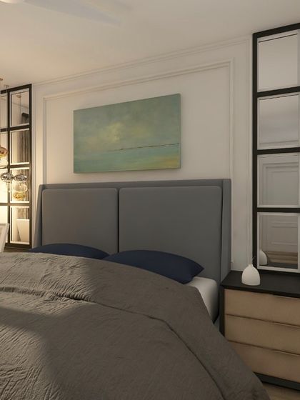 Another angle of the master bedroom design concept for an ATS home, showcasing the balance of colors and textures.