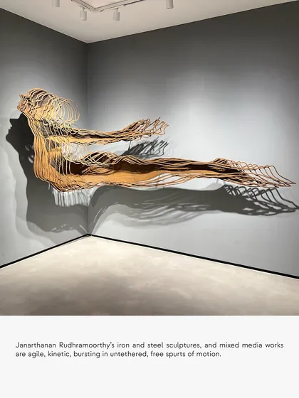 This kinetic iron sculpture by Janarthanan Rudhramoorthy captures the human form in a moment of untethered motion. The interplay of layered metal and shadow speaks to the complexity of our existence, a central theme we love to explore in the art we curate.