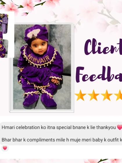 We love receiving compliments for our work. This little girl's family was thrilled with her custom purple velvet outfit for their celebration.