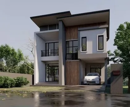 An example of our 3D visualization for a contemporary family home. This two-story design features a mix of wood-paneled and rendered surfaces, with a covered carport and large windows to create a bright and welcoming modern residence.