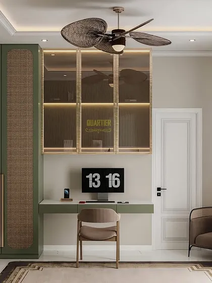 The study and storage area in the daughter's bedroom render. The design includes a sleek desk, rattan-paneled wardrobes, and backlit glass display cabinets, combining natural textures with modern forms.