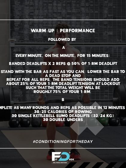 A sample performance-focused conditioning workout. This routine includes banded deadlifts and a high-intensity AMRAP to build maximum strength and endurance.