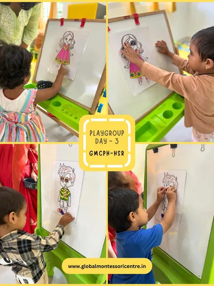 A collage showing the 'Dress Up' activity, where children match clothing items to figures, enhancing their matching skills and pincer grasp.