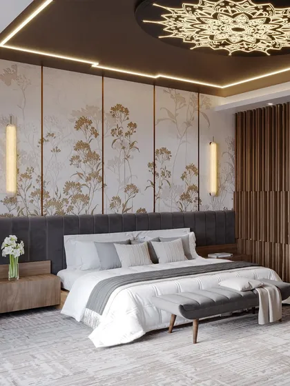 A presidential suite bedroom designed for a hospitality project. The render highlights the custom floral wallpaper, the intricate ceiling medallion, and the layered lighting.