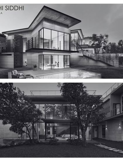 The Riddhi Siddhi villa in Lonavala, presented in a render and a final photograph. The design focuses on integrating the interior spaces with the exterior landscape, with large glass walls and open layouts that connect the home to its natural surroundings.