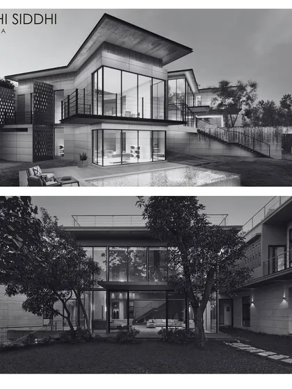 The Riddhi Siddhi villa in Lonavala, presented in a render and a final photograph. The design focuses on integrating the interior spaces with the exterior landscape, with large glass walls and open layouts that connect the home to its natural surroundings.