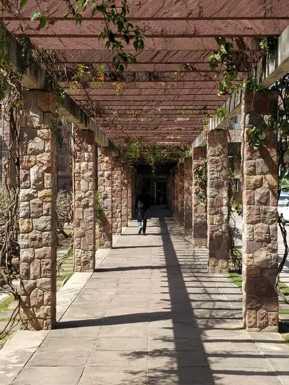A shaded pergola at the IIHMR Jaipur campus. I believe in creating gentle transitions between the indoors and outdoors. These spaces offer respite from the sun and invite people to walk, pause, and connect with nature.
