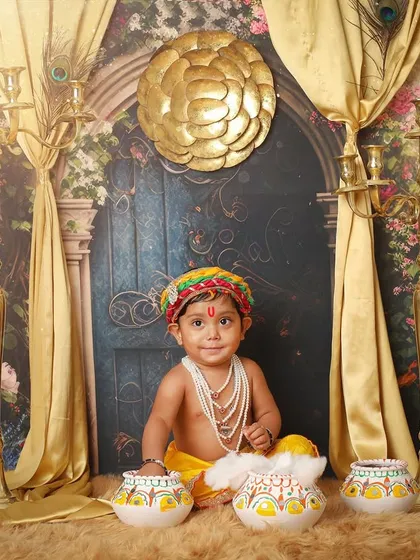 A full view of the magnificent Janmashtami setup, with little Krishna as the centerpiece. This shows the scale and detail I put into creating these thematic shoots.